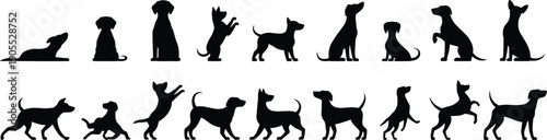 Dog silhouettes in multiple poses, sitting, standing, lying, running, jumping, active stances, playful posture, animal vector illustration artwork