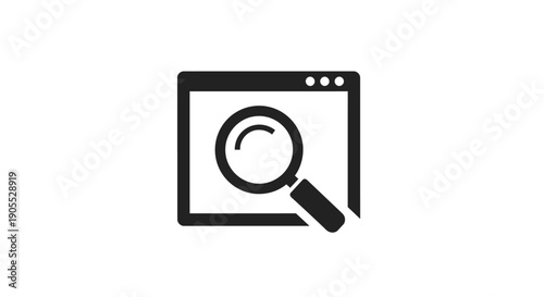 Black and white vector icon of a browser window with a magnifying glass