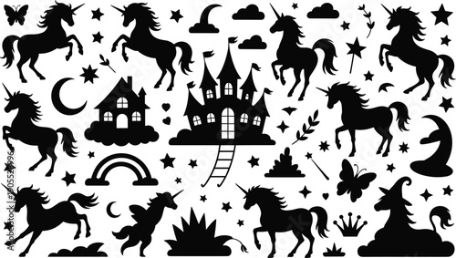Fantasy unicorn silhouettes, fairy tale castle, rainbow, crescent moon, stars, clouds, butterflies, crown, magic wand, whimsical illustration, vector artwork