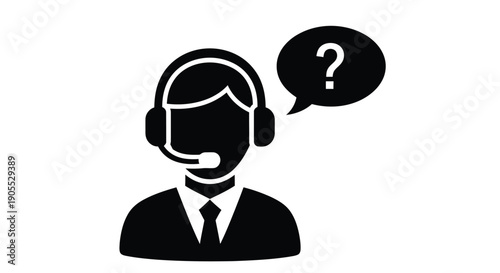 Simple black silhouette of a customer service representative with a headset and question mark