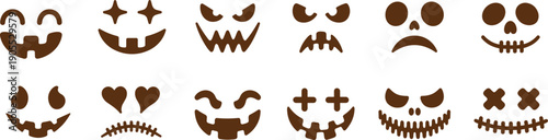 Halloween pumpkin faces silhouettes, spooky expressions, scary, funny, eerie, playful, angry, star eyes, heart eyes, stitched mouths, festive vector illustration