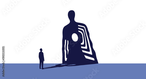Man standing before a giant figure with maze pattern