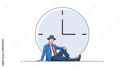 Man in suit sitting next to large clock face