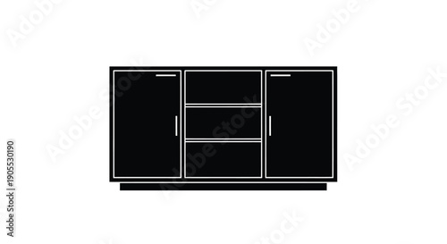 A minimalist graphic depicts a black sideboard with doors and shelves presented as a silhouette high quality professional detailed modern elegant stylish