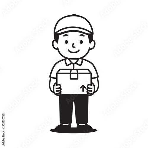 Delivery Man Holding Parcel Box, Courier and Logistics Service Line Vector Illustration