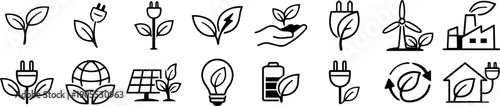 Green Energy Icon Set – Eco Leaf and Plug Symbols, Renewable Power Line Icons