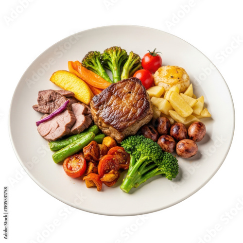Gourmet steak dinner with assorted vegetables
