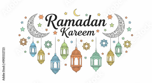 Ramadan Kareem Banner with Colorful Lanterns and Crescent Moons