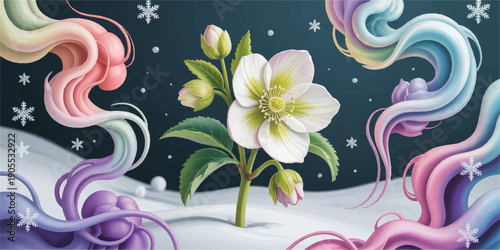 A digital art illustration of a white hellebore flower in a mystical winter scene 