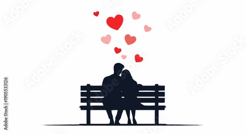 Romantic Couple Sitting on Park Bench with Floating Hearts