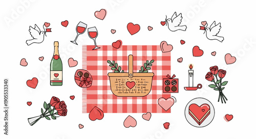 Romantic Valentine s Day Celebration Scene with Hearts Flowers and Gifts