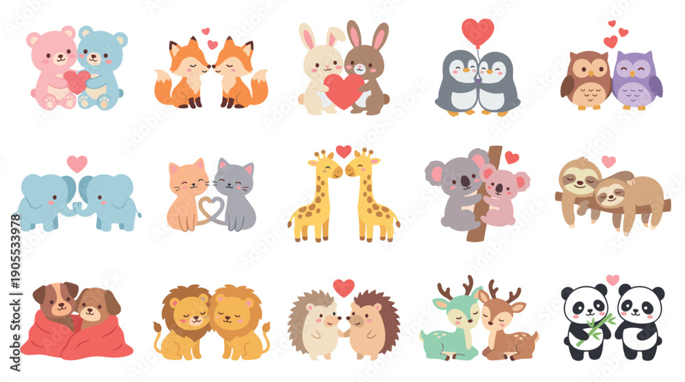 Naklejka premium Charming collection of cute cartoon animal couples celebrating love and romance for Valentine's Day, featuring bears, foxes, rabbits, pandas, and more in a sweet kawaii style