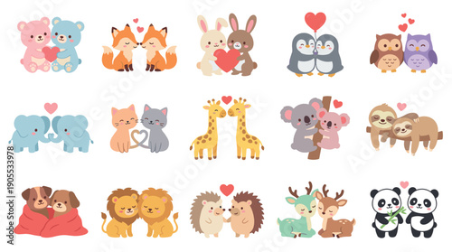 Charming collection of cute cartoon animal couples celebrating love and romance for Valentine's Day, featuring bears, foxes, rabbits, pandas, and more in a sweet kawaii style