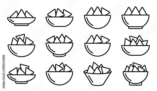 Set of nacho chips in a bowl icons in a simple black line art style, a collection of minimalist symbols for snacks, appetizers, and food concepts presented as a vector graphic