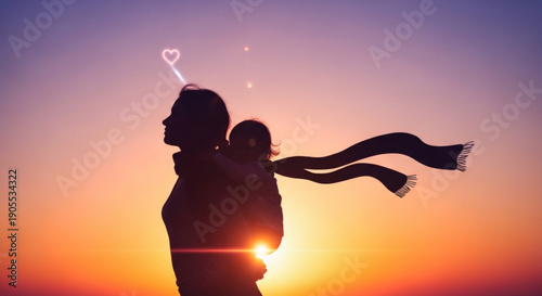 Silhouette of Mother Holding Baby during Sunset with Flowing Scarf and Heart Symbol