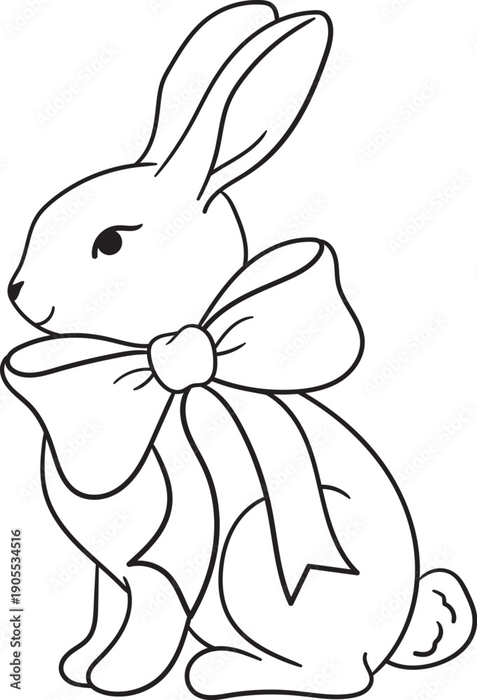 Obraz premium Hand drawn black and white vector illustration of a cute Easter bunny sitting sideways and wearing a large ribbon bow, ideal for coloring pages, children activities, and holiday designs.