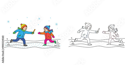Happy children running winter relay race passing baton in snow with black and white coloring page outline vector illustration