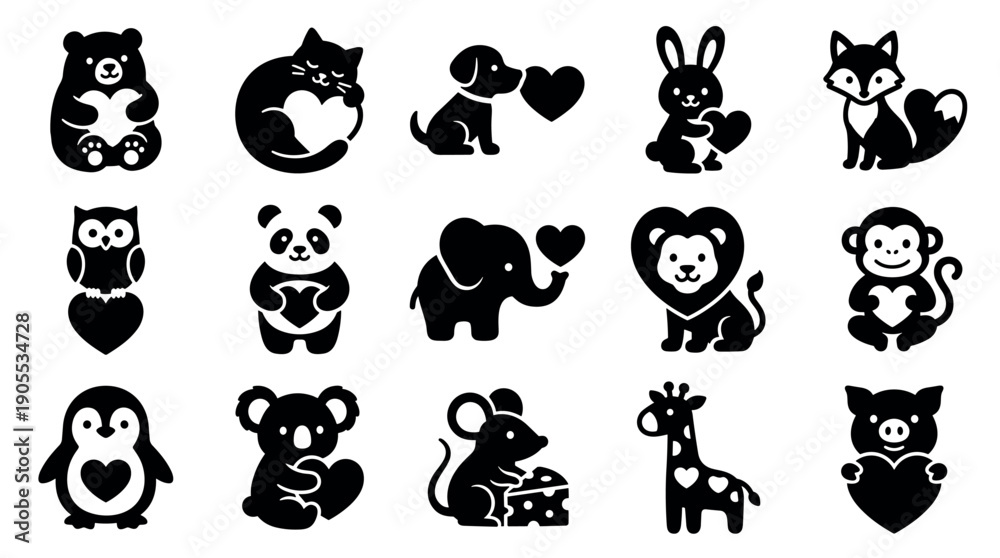 Fototapeta premium Set of cute black animal silhouettes with hearts, featuring a bear, cat, dog, panda, lion, and penguin in a simple, adorable icon style for Valentine's Day or romantic themes