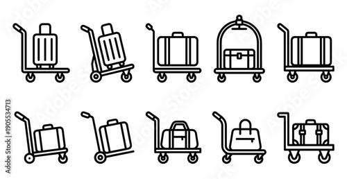 Luggage trolley and suitcase line art icon set showing various baggage carts and travel bags for airport or hotel services in a minimalist black outline graphic style