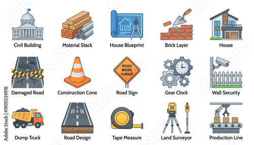 Collection of construction and engineering icons showing various industry elements like civil buildings, road work, blueprints, machinery, and tools in a clean, colorful cartoon style