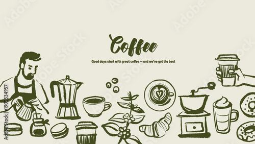 Hand drawn vintage coffee background. Cafe menu and packaging design. Crayon doodle sketch vector illustration.