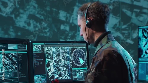 Soldier in a dimly lit military control room, intensely focused on multiple computer screens displaying crucial operational drone data.