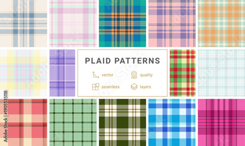 Plaid pattern collection for digital spring products. Works for mockups, downloadable designs, and printable kits. Vector adaptability ensures compatibility.