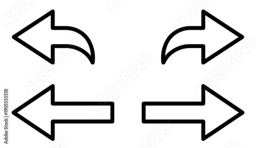 Four black outline arrow icons for navigation showing left and right directions with straight and curved shapes for user interface design and web elements in a minimalist style