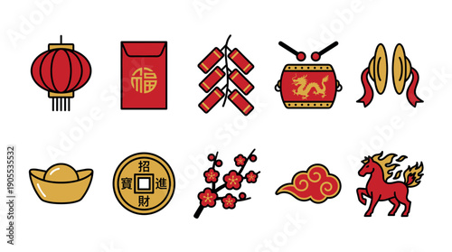 Collection of traditional Chinese New Year icons including a lantern, red envelope, firecrackers, drum, and gold ingot in a flat, colorful line art illustration style for celebration