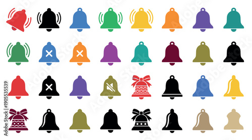 Large collection of colorful bell icons for notifications, alerts, and reminders in a flat vector style, showing ringing, silent, and decorated holiday designs
