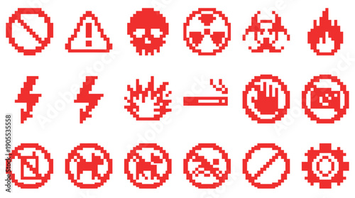 Set of red pixel art warning and prohibition icons representing various hazards like radiation, biohazard, and high voltage in a retro 8-bit video game style