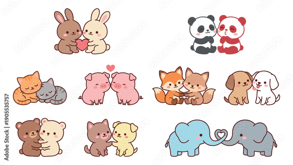 Obraz premium Cute collection of cartoon animal couples celebrating love with hugs and kisses, including pandas, rabbits, cats, and elephants in a sweet kawaii illustration style