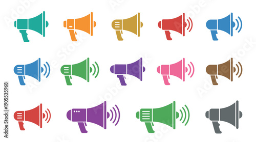 Colorful megaphone and loudspeaker icons set in a flat vector style for communication, announcement, and marketing concepts, featuring a variety of vibrant graphic symbols