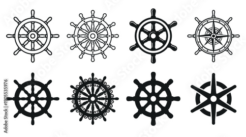 Collection of black ship wheel icons in various styles, including line art and solid silhouettes for nautical and maritime themed design elements and logos