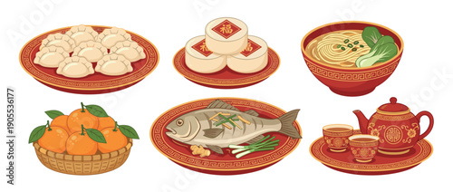 Collection of traditional Asian food items for a festive celebration, including dumplings, steamed fish, noodles, rice cakes, tea, and tangerines in a detailed illustration style