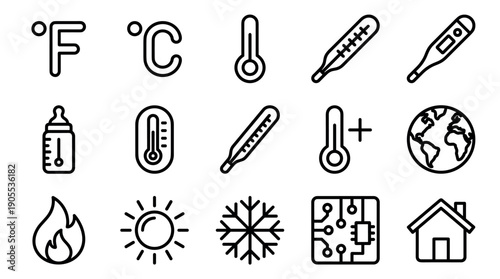 Set of black line icons for temperature and weather, featuring various thermometers, Celsius and Fahrenheit symbols, sun, snowflake, flame, and a globe for climate concepts