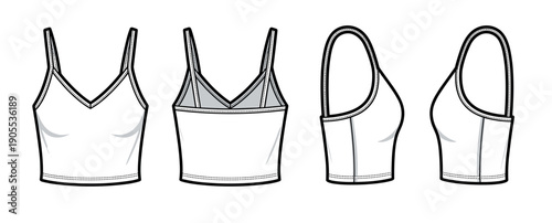 Technical drawing of a women's white crop top camisole, featuring front, back, and side views with thin straps and a V-neckline, illustrated with precise black outlines and dashed stitching details