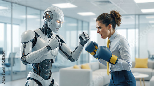 Wallpaper Mural Businesswoman with boxing gloves confronting humanoid robot in office. Ai versus human conflict, technology competition, and workplace automation. Artificial intelligence disruption and employment Torontodigital.ca