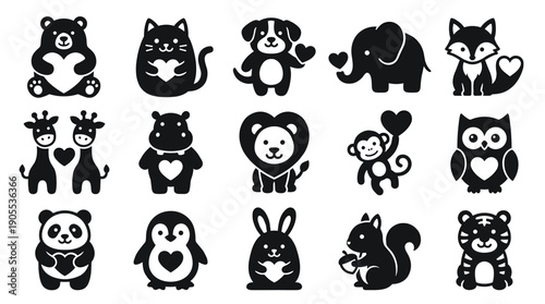 Set of cute black animal icons holding hearts, a charming and lovely collection for romantic or children's designs including a bear, cat, dog, elephant, and fox