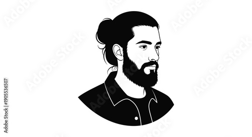 A striking black and white portrait depicts a bearded man with a topknot rendered as a silhouette high quality professional detailed modern