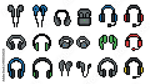 Diverse set of pixel art headphones and earphones in a retro 8-bit style, showing different types of audio devices like gaming headsets, earbuds, and over-ear models