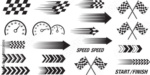 Racing speed elements vector set: checkered flags, arrows, speedometer, motion lines, start finish line isolated on white
