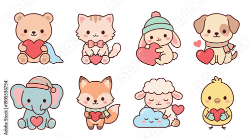 Set of eight cute kawaii animals holding red hearts, a charming collection of cartoon characters including a bear, cat, rabbit, dog, elephant, fox, sheep, and chick for Valentine's Day
