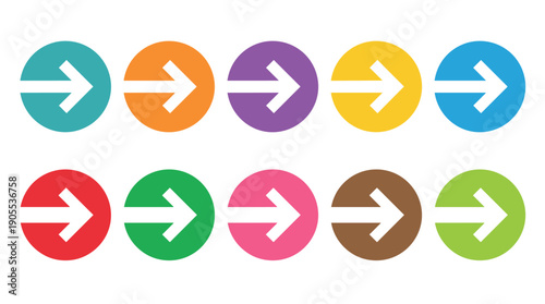 Free Download Set of ten colorful circular icons with right-pointing arrows, a vibrant collection of flat design symbols for navigation, direction, and user interface elements - GFXLoad