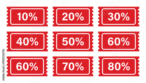 Red discount coupon tickets set with various percentage numbers for retail promotions and special offers, a flat vector graphic illustration for marketing and advertising concepts