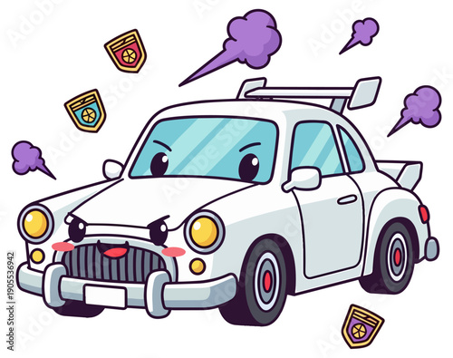 Cute Cartoon White Racing Car Mascot With Angry Face and Speed Smoke