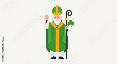 St patrick's day illustration of a smiling bearded bishop in green and gold robes holding a shamrock and staff on white background
