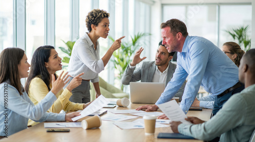 Business team experiencing heated conflict and disagreement during corporate office meeting. Workplace dispute with colleagues engaged in tense argument and confrontational discussion.