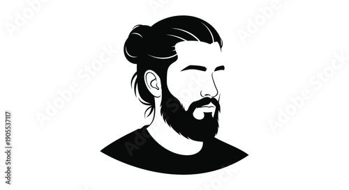 A striking black and white portrait depicts a bearded man with a top knot hairstyle a bold silhouette high quality professional detailed
