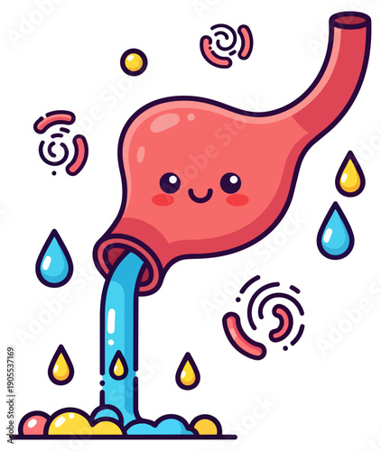 Smiling cartoon stomach icon pouring liquid digestive health mascot graphic